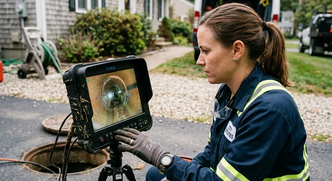 Technician reviewing sewer camera inspection footage in Highland Park