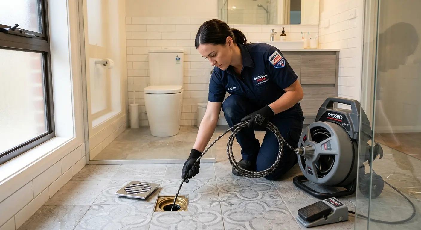Technician clearing a bathroom floor drain for Sewer Line Installation in Highland Park